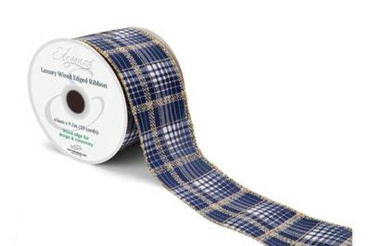 Eleganza Wired Edge Luxury Tartan Blue Silver Metallic No.493 63mm x 9.1m - Christmas Ribbon